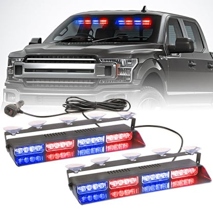 2 in 1 LED Emergency Dash Strobe Light Bar Front/Rear Windshield Safety Flashing Warning Hazard Interior Lights for Police Firefighter Construction Vehicles Trucks (2x14 inch, Blue/Red) - color: #04 Red/Blue