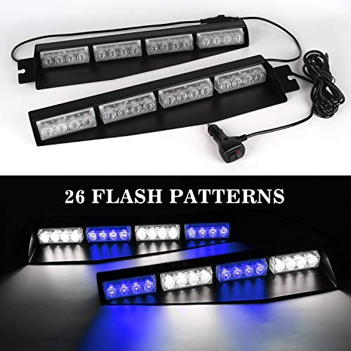 ASPL 32LED Visor Lights 26 Flash Patterns Windshield Emergency Hazard Warning Strobe Beacon Split Mount Deck Dash Lamp with Extend Bracket (Blue/White/Blue/White) - color: Blue/White/Blue/White