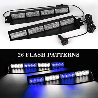 ASPL 32LED Visor Lights 26 Flash Patterns Windshield Emergency Hazard Warning Strobe Beacon Split Mount Deck Dash Lamp with Extend Bracket (Blue/White/Blue/White) - color: Blue/White/Blue/White