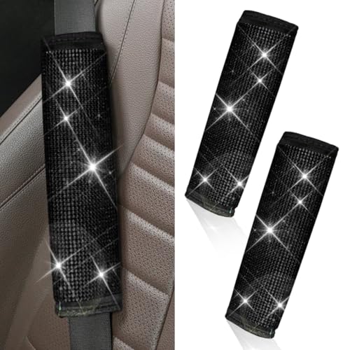 2PCS Bling Car Seat Belt Covers, Rhinestone Crystal Vehicle Seat Strap Cushion, Glitter Car Seatbelt Shoulder Protection Pad, Auto Interior Decoration Accessory for Cars, Trucks (Black) - color: Black
