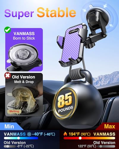 VANMASS【85+LBS Strongest Suction & Military-Grade Ultimate Car Phone Mount【Patent & Safety Certs】 Cell Holder Truck for Dash Windshield Vent for iPhone 17 Pro Max Automobile Accessory Kits,Purple - color: Purple