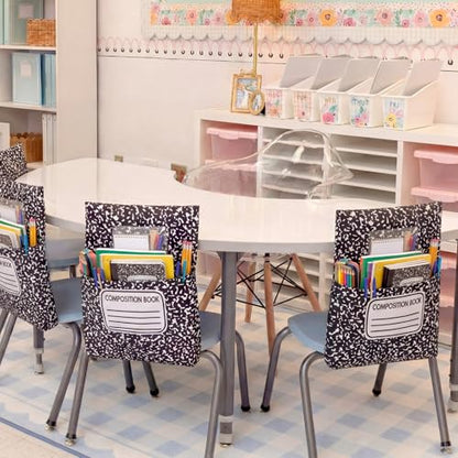 12 Pack Composition Chair Pocket for Classroom 18.5'' x 19'' Preschool Seat Pocket Kindergarten Composition Notebook Classroom Decor Elementary Back to School Teacher Chair Storage Organizer - style: Composition Book