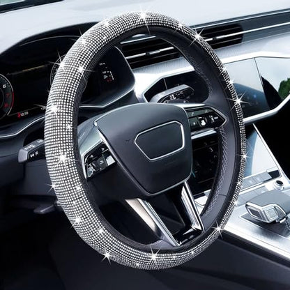 Bling Rhinestone Steering Wheel Cover with Crystal Diamond for Women, Sparkling Car Wheel Protector Universal Fit 14-15 inches - White - color: white