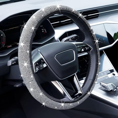 Bling Rhinestone Steering Wheel Cover with Crystal Diamond for Women, Sparkling Car Wheel Protector Universal Fit 14-15 inches - White - color: white