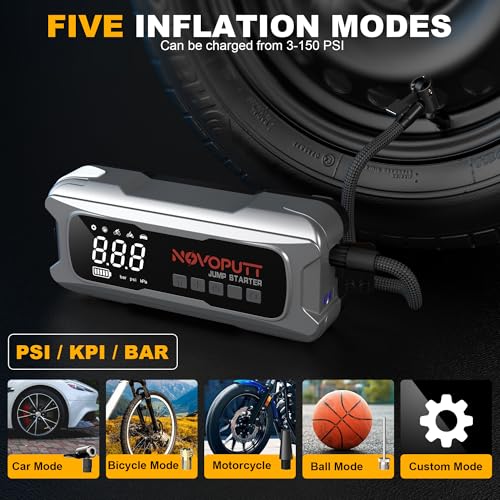 6000A Jump Starter with Air Compressor, 150PSI Dual Cylinder Tire Inflator & PD 65W Fast Charge, 12V Portable Car Battery Booster for All Gas/10L Diesel Trucks, Jumper Cables & Emergency Kit Included