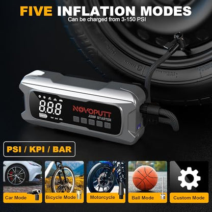 6000A Jump Starter with Air Compressor, 150PSI Dual Cylinder Tire Inflator & PD 65W Fast Charge, 12V Portable Car Battery Booster for All Gas/10L Diesel Trucks, Jumper Cables & Emergency Kit Included