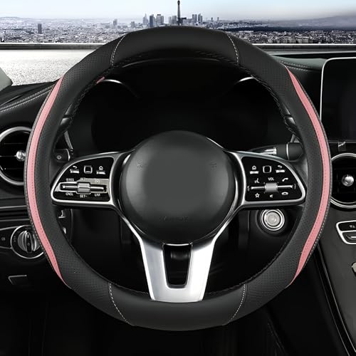 Car Steering Wheel Cover, Leather Steering Wheel Cover Pink Universal 14.5-15 Inch Microfiber Leather Anti-Slip Breathable Auto Steering Wheel Covers for Men Women (Black&Pink) - color: Pink