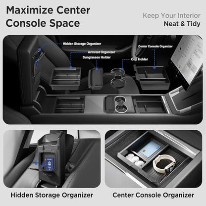 Center Console Organizer Tray for Tesla Model Y Juniper Accessories 2025 2026/For Tesla Model 3 Highland Accessories 2024 2025 2026 [Slide Smoothly/US Patent] Cup Holder Matte Black