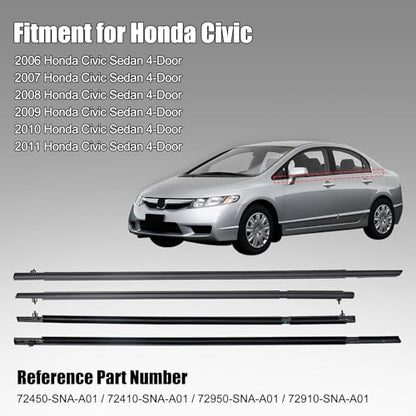 Window Molding Trim Seal for Honda Civic 2006-2011 Accessories, Outer Door Black Rubber Weather Stripping Belt, Replacement 72450-SNA-A01 (4PCS) - size: 2006-2011 Honda Civic