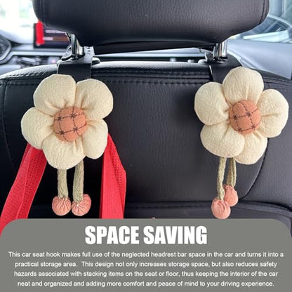 2 PCS Cute Sunflower Car Seat Headrest Hooks, Multifunctional Seat Back Hanger, Vehicle Back Seat Headrest Hanger Holder for Grocery Bag, Handbag, Clothes (White) - color: White