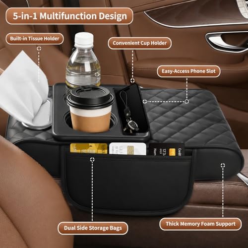 5-in-1 Universal Car Center Console Cover with Cup Holder, Upgrade Armrest Cushion for Car with Side Storage, PVC Leather Armrest Cover Pad with Phone Slot & Tissue Holder, Black - color: Black