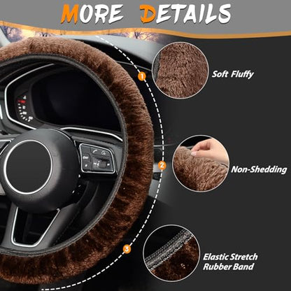 KAFEEK Elastic Long Microfiber Plush Steering Wheel Cover for Winter Warm, Universal 15 inch, Anti-Slip, Odorless, Brown - color: Brown