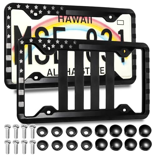 ZAVOOS 2 Pack Silicone License Plate Frame, American Flag License Plate Holder Bracket with Mount Screws Caps, Rattle Proof Universal Car Tag Cover for Front and Rear, Hiking Outdoor Sport