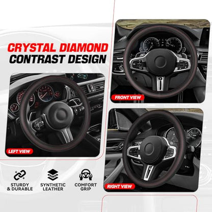 Auto Dynasty Car Steering Wheel Cover, Microfiber Leather Steering Wheel Covers Protector with Anti-Slip Inner Lining, Universal 14.5 to 15 Inch Car Interior Accessories, Red Stitching - color: Stitched Red B