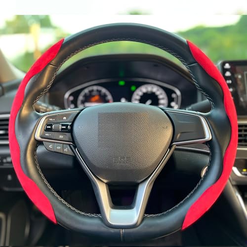 Steering Wheel Cover, Universal Suede/Carbon Fiber Anti-Slip Breathable Segmented Steering Wheel Cover for Men/Women, Universal Fit for 99% Car Steering Wheel (Suede-Red) - color: suede-Red