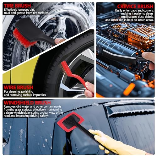 32Pcs Red Car Detailing Kit – Brush Set & Cleaning Kit with Drill Brush, Polishing/Waxing Pads, Interior/Exterior Tools for Wheels & Windshield – Portable Handbag