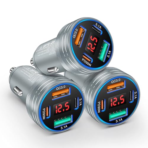 USB C Car Charger, 65W 4-Port Cigarette Lighter USB Charger with Voltage Display,12V Dual USB-C+USB-A Fast Charge Car Phone Plug Adapter Accessories for iPhone 17 16 15 14 13 12 Pro Max Plus S25 S24 - color: Gray