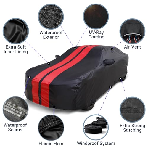 iCarCover Premium Heavy Duty Car Cover - Waterproof All Weather Rain Snow UV Protection, 3-Series, M3, Mustang, Genesis Coupe, G35 G37 Coupe, 3000GT, Size C13 (See Size Chart), Stripe - Black/Red - color: Sedan & Coupe - Black/Red, size: C13 for Sedan & C