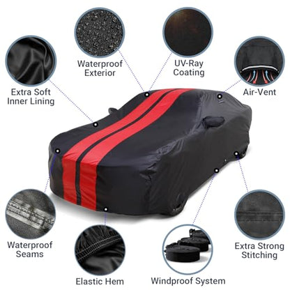 iCarCover Premium Heavy Duty Car Cover - Waterproof All Weather Rain Snow UV Protection, 3-Series, M3, Mustang, Genesis Coupe, G35 G37 Coupe, 3000GT, Size C13 (See Size Chart), Stripe - Black/Red - color: Sedan & Coupe - Black/Red, size: C13 for Sedan & C