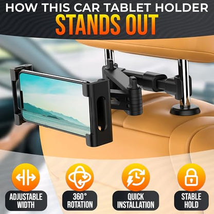 Car Headrest Tablet Holder for 5.5"-11" Devices - Tablet Headrest Mount with 360° Rotation & Charging Port Access - Quick Install & Adjustable Car Tablet Holder Сompatible with Smartphones and Tablets