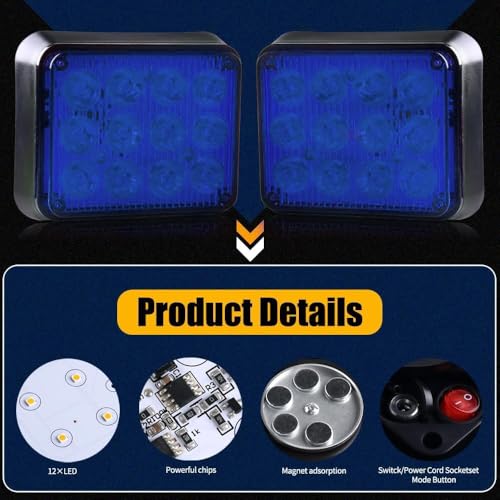 2PCS Rechargeable Flashing Lights for Vehicles, 12-Led Blue Emergency Strobe Lights, Battery Powered Strobe Caution Warning Beacon Lights with Magnetic for Trucks Trailers Car ATV Van RV SUV - color: Blue
