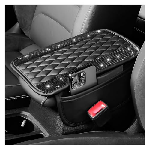 Car Center Console Cover with Diamond Grid Design,Bling Armrest Cover Cushion with 2 Storage Bags,Soft Leather Arm Rest Cover for Car Interior Accessories (Black + Black) - color: Black + Black