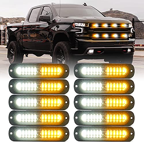 Xprite White Amber 12 LED Emergency Strobe Lights Kit Surface Flush Mount Side Marker Grill Grille Hazard Warning Flashing Light Head for Off-Road Vehicles ATV Trucks Cars - 10PCS - color: White Amber, size: 10PCS