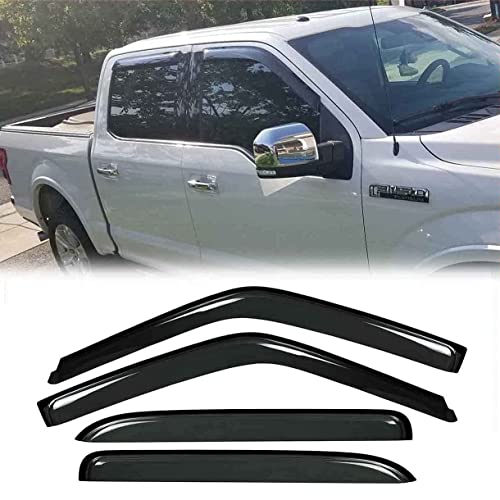 Side Window Visor Deflector fit for 2015-2025 Ford F-150 SuperCrew cab, 17-25 F150 Raptor F250/F350 Super Duty Crew cab,4pcs Outside Mount Tape-on Shatterproof Dark Smoke Rain Guard 94975 - size: 4pcs 15-25 Crew cab(Outside)