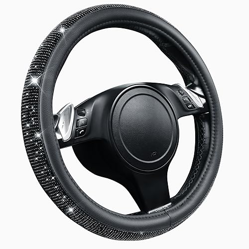 CAR PASS Bling Diamond Leather Steering Wheel Cover, With Sparkly Crystal Glitter Rhinestones Universal Fit 14"1/2-15" Car Wheel Protector for Women Girl Fit Suvs,Vans,Sedans,Car,Trucks, Black Diamond - color: Black Diamond on Velvet