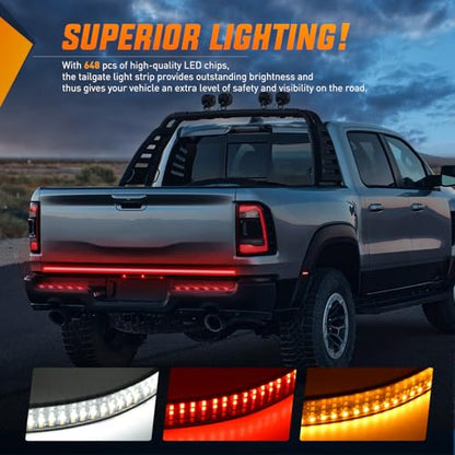 Nilight Truck Tailgate Light Strip 60" Quad Row 648 LED Strip with Red Running Brake Lights White Reverse Lamp Amber Turn Signals - color: 60" Tailgate Light Strip Quad Row