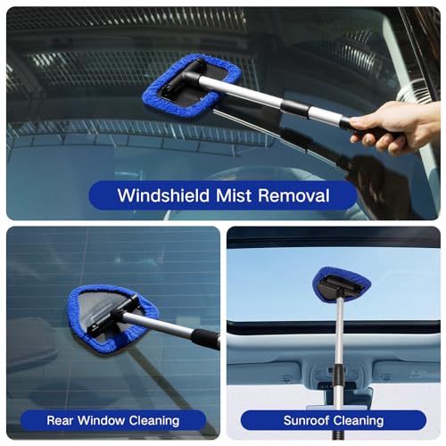 Qydipclin 11pcs Windshield Cleaner Tool, Car Window Cleaning Wash Kit with 6 Reusable Microfiber Pads 2 Spray Bottles and Extendable Handles Auto Glass Wiper Kit, Blue - color: Blue