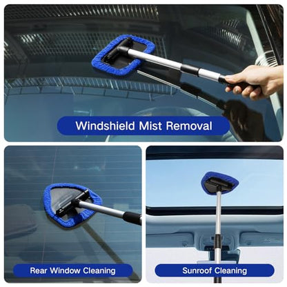 Qydipclin 11pcs Windshield Cleaner Tool, Car Window Cleaning Wash Kit with 6 Reusable Microfiber Pads 2 Spray Bottles and Extendable Handles Auto Glass Wiper Kit, Blue - color: Blue