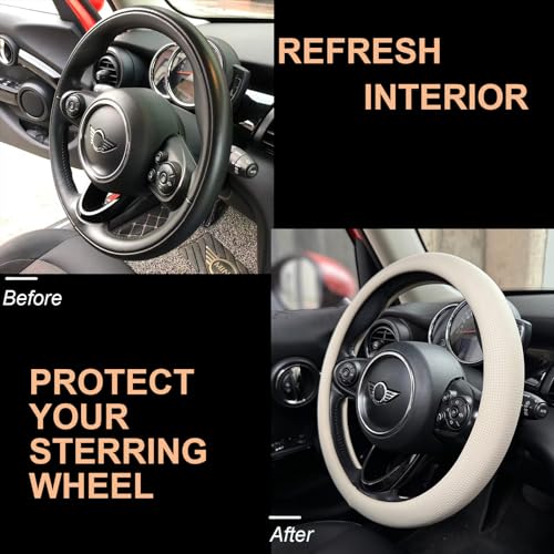 PINCTROT Large Size Nappa Leather Steering Wheel Cover, Slim Fit No Bulk Design, One Piece Leather with Breathable Perforation, Fit Like Gloves, 15.5-15.75 Inch(Nappa Beige) - color: 06.Beige, size: Large Size[15 1/2''-15 3/4'']