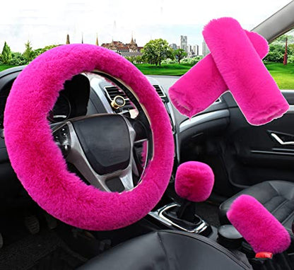 Pinbola 5pcs in 1 Set Faux Wool Steering Wheel Cover Soft Fluffy Handbrake Cover & Gear Shift Cover & 2pcs Seat Belt Shoulder Pads Warm Universal Fit for 15 Inch (Purple Pink) - color: Purple Pink