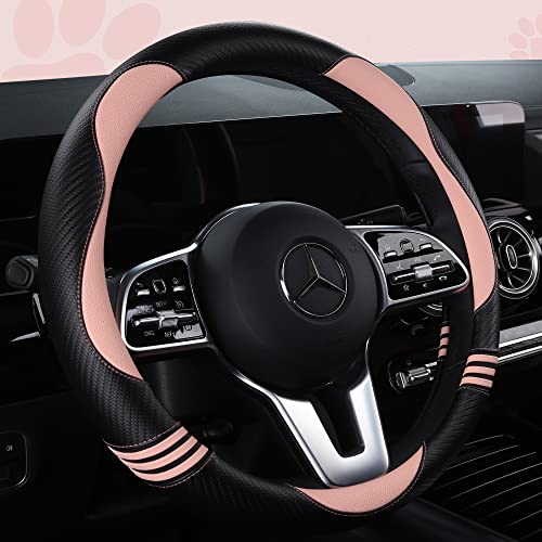 HighnessHwoo Car Steering Wheel Covers for Women Girl Padded Carbon Fiber PU Leather Cute Cartoon Auto Interior Accessories for Jeep, Truck, Universal, Anti Slip, Pink, Large Size, 15.2-16in - color: Pink+Black, size: Large Size[15.2-16"](38.6-40.5cm)