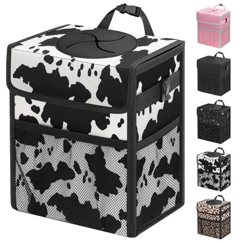 Capolo Car Trash Can with Lid, Leakproof Car Trash Bag Hanging Waterproof Automotive Garbage Can with Storage Pockets Mini Vehicle Trash Bin for Back/Front Seat(Cow Print,2.5 Gallon) - color: Cow Print, size: 2.5 Gallons