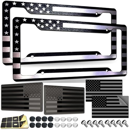 American Flag License Plate Frames - 2 Pack Black Patriotic USA Car Tag Frame in Alum-Plastic Hybrid with Brushed Finish & 3D Metal Decals - style: Black-Aluminum