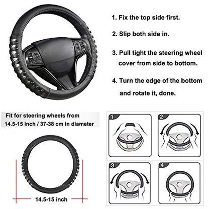 West Llama Microfiber Leather Car Steering Wheel Cover for Men Women,Universal Fit 14.5-15 inch(Leather Nails-Gray+Black-Standard Size) - color: C-Silver+Black, size: Standard size (14 ½''-15'')
