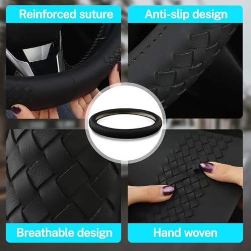 Leather Steering Wheel Cover Men，with Black Woven Pattern Car Accessories ，Anti-Slip, Safety, Soft, Breathable, Adaptable to 14.5-15 inches Steering Wheel Fit SUV， Jeep， Van，Sedan，Car - color: Black+Woven Pattern