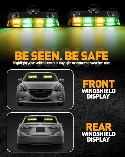 HLauto 2002L Emergency Dash Strobe Lights: Amber Green Safety Lights, Flashing Warning Hazard Windshield Visor Traffic Light Bars for Trucks, Construction Vehicles (2x8.5 inch, 48LED) - color: Amber/Green