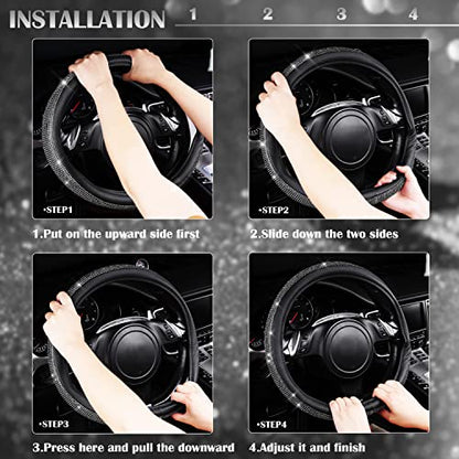 CAR PASS Diamond Black Leather Steering Wheel Cover, with Bling Crystal Rhinestones Universal Fit 14" 1/2-15" Crystal Glitter for Women Sparkle Girl Fit Suvs,Vans,Sedans,Cars,Trucks, White Diamond - color: Black Crystal Holder Silver Diamond