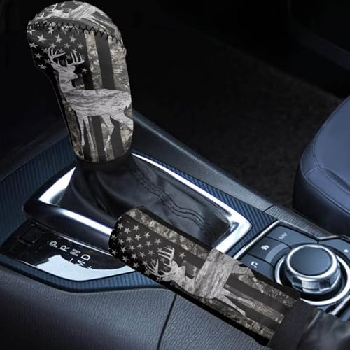KEIAHUAN 2 Piece Car Gear Shift Knob Cover + Handbrake Sleeve Cover Washable Neoprene Cloth Car Interior Accessories Universal Fits for SUV,Sedan,Van, American Flag Deer Camo Hunting - color: American Flag Deer Camo Hunting