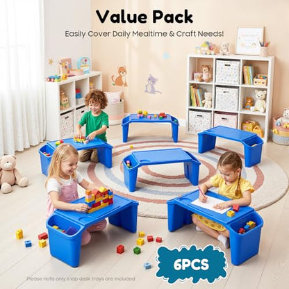 6 Pack Kids Lap Tray with Storage Slots, Stackable Portable Kids Lap Desk, 20" L X 10" W X 7" H Plastic Table Kids Activity Tray for Writing Eating Drawing Reading (Blue) - color: Blue