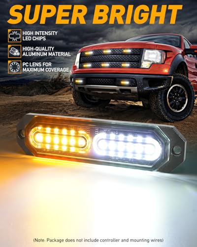 HLauto 1200T Emergency Strobe Grille Lights: 8pcs 12 LED Sync Feature Safety Warning Flashing Lights, Ultra Slim Surface Mount Hazard Caution Light for Trucks, Vehicles, Car, ATV, UTV (Amber White) - color: Amber/White