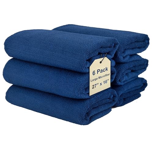 Cleaning Washcloth Towels - Large 27" x 16" Microfiber Rags - Highly Absorbent, Lint Free Streak Free for House, Kitchen, Car, Window Detailing Reusable Shop Towels (6-Pack, Navy Blue) - color: Navy Blue