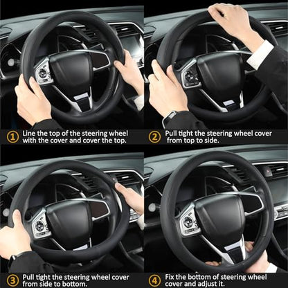 West Llama Thin Car Steering Wheel Cover, Universal 14.5-15 inch Nappa Leather Steering Wheel Cover, Ultra Thin, Anti-Slip, Breathable(Black-Standard Size) - color: D-Thin-Black, size: Standard size (14 ½''-15'')