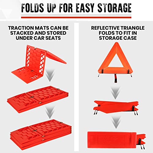 Koolatron Oskar Emergency Roadside Kit – 3-Piece Vehicle Safety Set with Folding Tire Traction Mats & Reflective Warning Triangle – Car, SUV, Truck Essentials for Snow, Ice, Mud, Sand