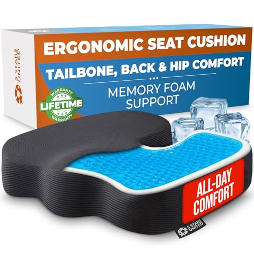 5 STARS UNITED Seat Cushion - Memory Foam&Cooling Gel Chair Cushion for Tailbone Pain Relief - Ergonomic Support for Coccyx, Sciatica & Butt - Office, Desk & Gaming Chair, Car Seat, Wheelchair, Black - color: Black Arctic Mesh, size: Large