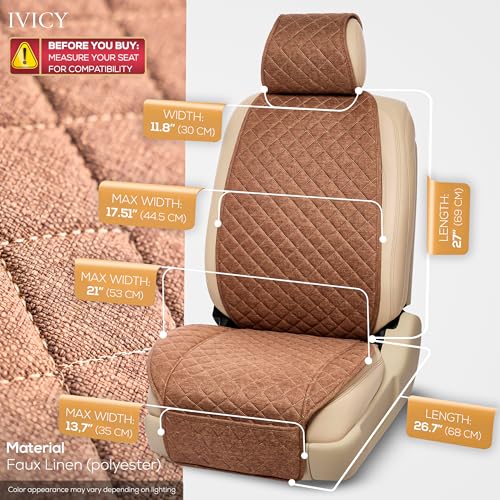IVICY Faux Linen Front Car Seat Cover – Durable, Non-Slip Seat Protector for Cars – 1 Unit, Light Brown - color: BROWN HYB LN