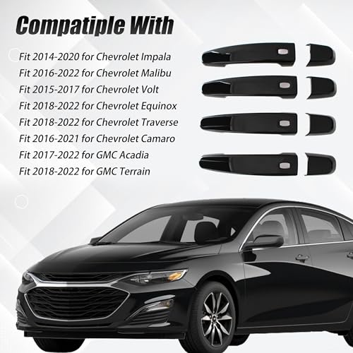 AUCERAMIC Glossy Black Exterior Door Handle Cover Trim W/ 4 Smart Keyhole Fit 2014-2022 Chevy Chevrolet Impala Malibu Volt Equinox Traverse Camaro GMC Acadia Terrain Caps Overlay